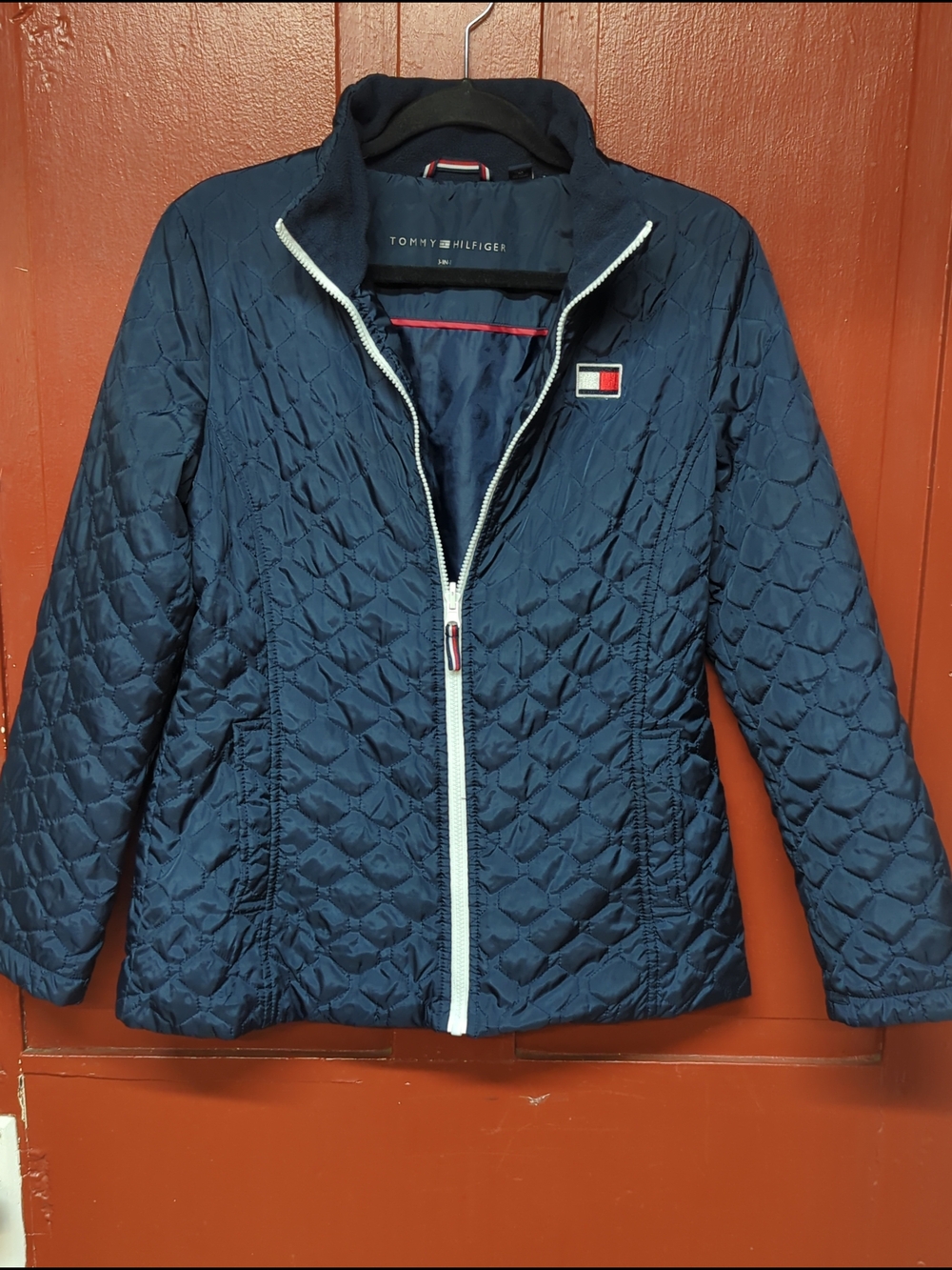 Tommy Hilfiger Navy Quilted Puffer Jacket with White Zip and Flag Patch